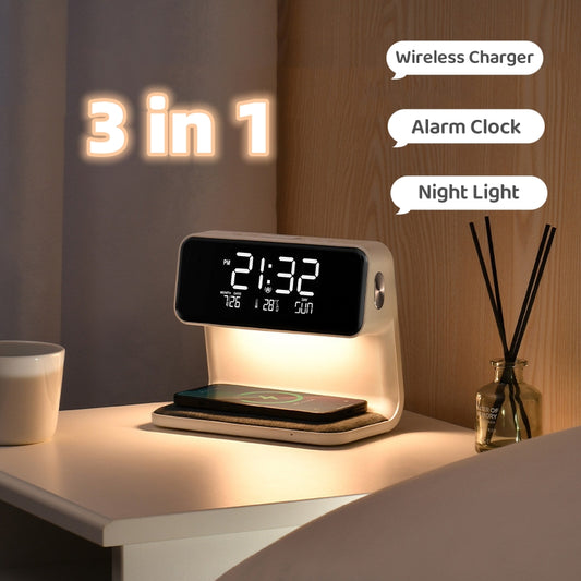 Creative 3 In 1 Bedside Lamp Wireless Charging LCD Screen Alarm Clock  Wireless Phone Charger - Zerotron